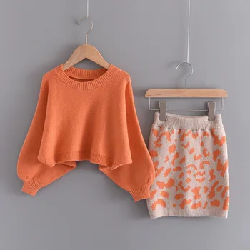 Комплект из 2 предметов, повседневный вязаный свитер для девочек и трикотажной юбки с леопардовым принтом для зимней вечеринки, оранжевый