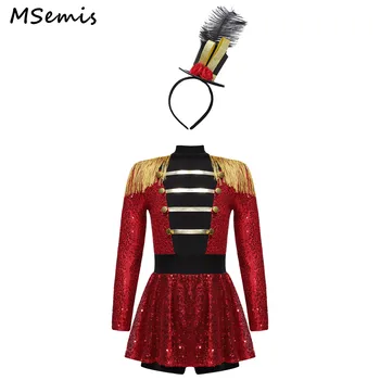 Комплект костюмов циркового мастера на Хэллоуин для девочек, боди с кисточками на плечах, с блестками и повязкой из перьев для косплея