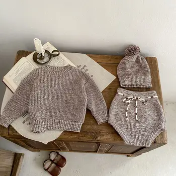 Комплект одежды для новорожденных Осень-зима Вязаная одежда для маленьких мальчиков и девочек, Свитер, Пуловер + Шаровары, 2 шт. Хлопковые наряды для малышей