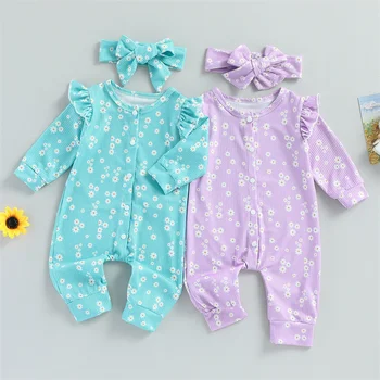 Комплект повседневной одежды для маленьких девочек, осенне-весенний комбинезон с цветочным принтом, длинными рукавами, пуговицами и повязкой на голову, комбинезон для новорожденных