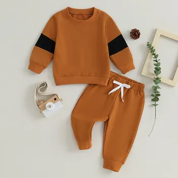 Комплекты брюк для новорожденных мальчиков, одежда из 2 предметов, осенняя одежда контрастного цвета, толстовка с длинным рукавом и эластичные штаны, детские вещи