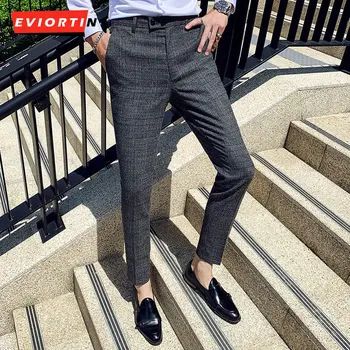 Корейская версия облегающих костюмных брюк Мужские Британские деловые брюки для отдыха Классические Ретро клетчатые костюмные брюки Мужские брюки для свадебной вечеринки