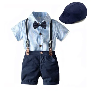 Костюм джентльмена для маленьких мальчиков, официальная одежда на 1-й день рождения, одежда для новорожденных, цельный комбинезон + берет + галстук-бабочка + подтяжки, одежда для малышей