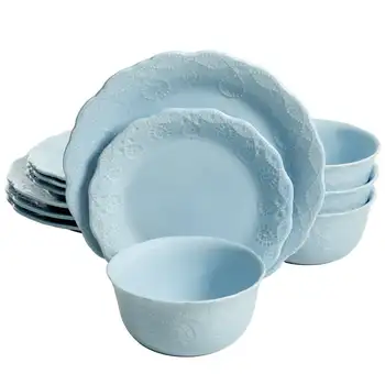 Кружевной Набор Посуды из 12 Предметов, Светло-голубой