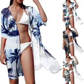 Купальники в стиле бохо, Женские кимоно с цветочным принтом, Кардиган, прозрачный купальник, Свободная повседневная пляжная курортная одежда