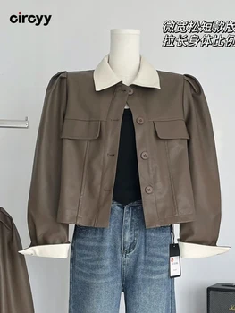 Куртки Circyy для женщин Корейская осень 2023, Новое Однобортное укороченное пальто в стиле пэчворк с длинным рукавом, Винтажная Женская одежда Y2k