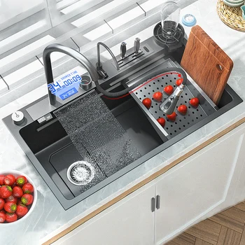 Кухонная раковина из нержавеющей стали 304, цифровой дисплей, большая раковина для мытья посуды с многофункциональным сенсорным водопадным краном