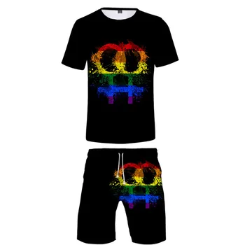 ЛГБТ-мода, 3D принт, костюм-двойка, мужская и женская одежда, Радужный флаг, лесбиянки, геи, футболки, шорты в стиле Харадзюку, комплекты