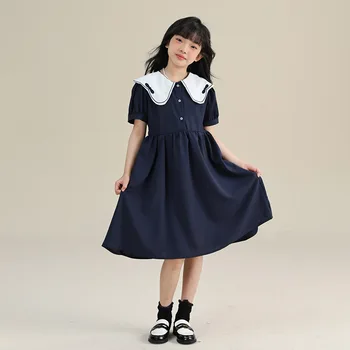 Летнее Корейское платье для девочек 10-12 лет, элегантное темно-синее платье, детская школьная одежда для подростков
