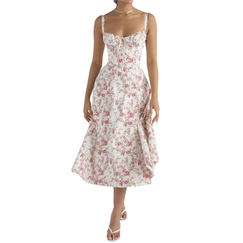 Летнее корсетное платье с цветочным рисунком y2k, женское платье миди трапециевидной формы без рукавов на бретельках, платья-бюстье, романтическая одежда, клубная одежда