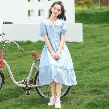 Летнее платье с короткими рукавами для девочек, платье принцессы с кукольным вырезом, Корейская темпераментная повседневная юбка, Новый тренд