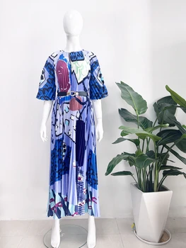 Летнее плиссированное платье Миди с геометрическим принтом в стиле Ретро, плиссированное платье с круглым вырезом и короткими рукавами для женщин, Новая модная пышная юбка