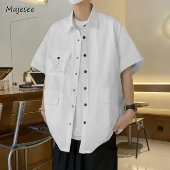 Летние Белые Рубашки Для мужчин, Шикарный Дизайн на пуговицах, Топы с коротким рукавом, Уютный Корейский Стиль, Красивая Одежда для колледжа на Хай-Стрит, Верхняя одежда