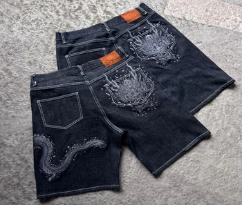 Летние джинсовые шорты High street national tide с вышивкой дракона, мужские спортивные штаны y2k в стиле хип-хоп fried street five-point