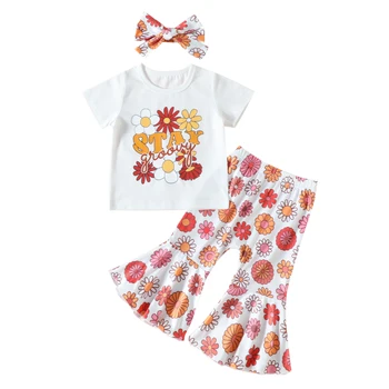 Летние комплекты детской одежды для маленьких девочек, расклешенные брюки с короткими рукавами, детская одежда из молочного шелка