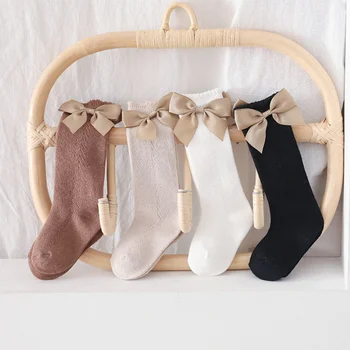 Летние носки для девочек из тонкой сетки, детские носки с бантиком, Дышащие и удобные носки Princess Baby с длинными носками
