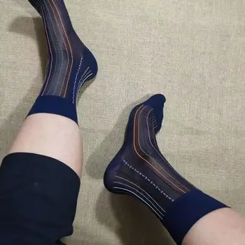 Летние носки, мужские нейлоновые тонкие дышащие шелковые носки, деловые ультратонкие прозрачные сетчатые носки в цветную полоску