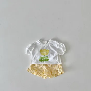 Летний детский комплект для девочек, повседневная футболка с принтом из чистого хлопка + клетчатые кружевные шорты, модный комплект из двух предметов