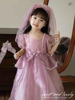 Летняя детская одежда для девочек с жемчужными рукавами-пузырями, сетчатое платье принцессы с бантом