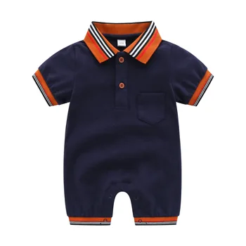 Летняя детская одежда Унисекс, хлопковый комбинезон с короткими рукавами и лацканами для новорожденных мальчиков и девочек