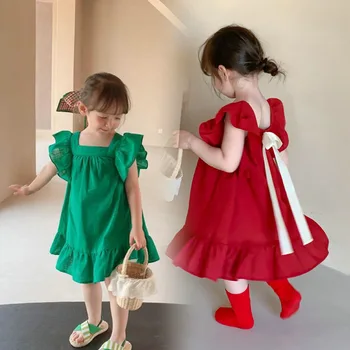 Летняя мода Для маленьких девочек, хлопковое платье принцессы с однотонными рукавами и оборками, с галстуком-бабочкой на спине, Милые наряды для детей, Одежда 2-8 лет