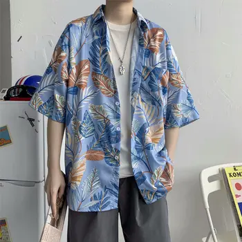 Летняя Мужская Гавайская рубашка с лацканами, топы с коротким рукавом, Растительный принт, Цветочный узор, Повседневная мода 2023, Мужская одежда для пляжного отдыха