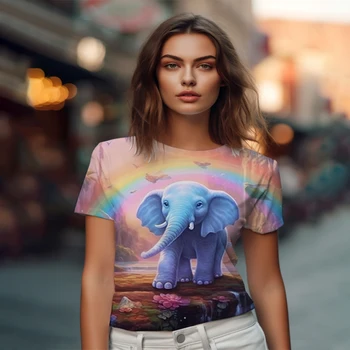 Летняя новая женская футболка с 3D принтом слона, женская футболка в милом стиле, повседневная женская футболка, модный тренд, женская футболка