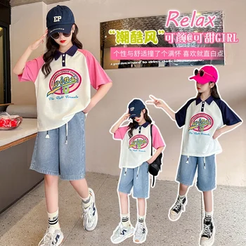 Летняя одежда для девочек, костюм с коротким рукавом + джинсовые шорты, комплект из 2 предметов, новинка 2023 года, детская верхняя одежда в корейском стиле от 4 до 16 лет