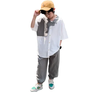 Летняя одежда для мальчиков-подростков, костюм, рубашка с отложным воротником + брюки, Роскошная мода, 2 предмета, повседневная свободная одежда высокого качества для детей от 5 до 14 лет