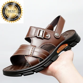 Лето 2023, Новые мужские сандалии, нескользящая натуральная кожа, уличные модные тапочки на мягкой подошве, дышащая повседневная обувь для мужчин