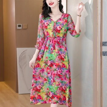 Мамино модное шелковое платье Женская мода, снижающая возраст, летнее платье международного бренда Temperament Slim Silk