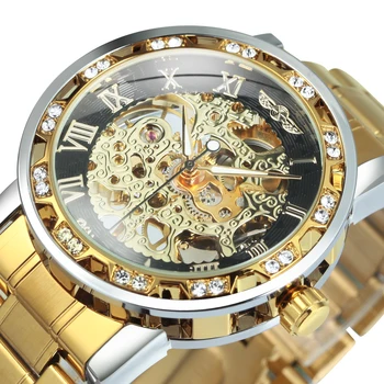 Механические часы WINNER с прозрачным скелетом для мужчин, модные мужские часы со светящимся бриллиантом, лучший бренд, роскошный стальной ремешок Унисекс