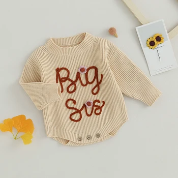 Милый вязаный свитер с цветочным рисунком для маленьких девочек, комбинезон с вышивкой и буквами, трикотажные комбинезоны с длинными рукавами для новорожденных, одежда для малышей