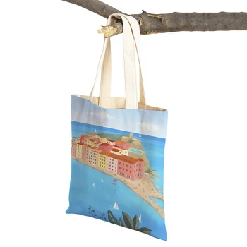 Многоразовые повседневные холщовые женские сумки для покупок с двойным принтом, Эгейское Море, Париж, Венеция, Кокосовая пальма, Марокко, сумка для покупок, женская сумка-тоут