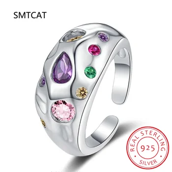 Многоцветное регулируемое кольцо Zironia из стерлингового серебра 925 пробы, открытые сердца цвета радуги, Размер 6-9, кольца для женских украшений