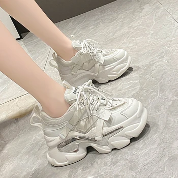 Модная женская спортивная обувь из сетчатого материала на платформе 8 см, весна-осень, дышащие массивные кроссовки, женская повседневная обувь на толстой подошве на шнуровке