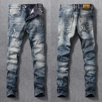 Модные дизайнерские мужские джинсы высокого качества, выстиранные в стиле ретро, синие, эластичные, облегающие рваные джинсы, мужские винтажные повседневные джинсовые брюки Hombre