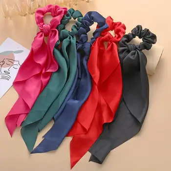 Модные Однотонные Атласные длинные веревки для волос Корейские галстуки Для женщин Шарф в виде конского хвоста Милая резинка для волос Аксессуары для волос