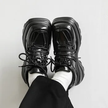 Мужская кожаная повседневная обувь с квадратным носком, модные туфли-дерби на платформе, мужские массивные кроссовки на шнуровке, деловая официальная обувь