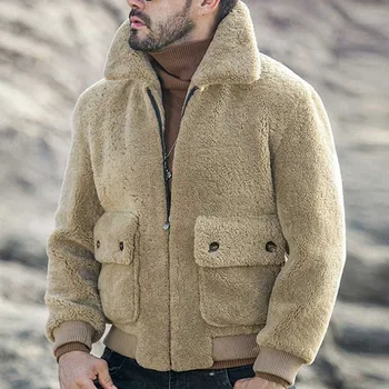 Мужская модная однотонная зимняя куртка из овечьей шерсти, плюшевое пальто на молнии с лацканами