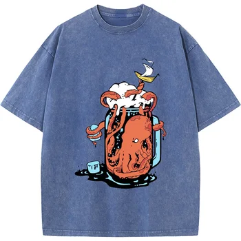 Мужская футболка с короткими рукавами и принтом Осьминога, Дышащие Повседневные футболки Унисекс, 230 Граммов высококачественной Выстиранной Старой футболки