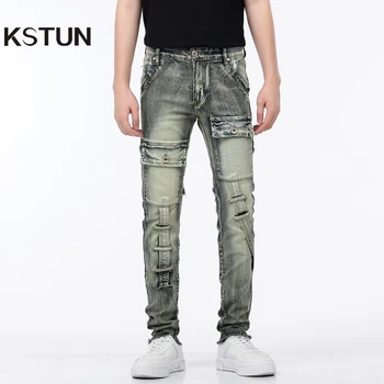 Мужские джинсы в стиле хип-хоп, ретро Синие, Тонкие, стрейчевые, с накладными карманами, дизайнерские полосатые винтажные джинсы для мотоциклов, мужские джинсовые брюки в стиле панк