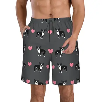 Мужские плавки Boston Terrier Love Hearts, быстросохнущие шорты для плавания, эластичные водные пляжные шорты с компрессионной подкладкой, карман на молнии