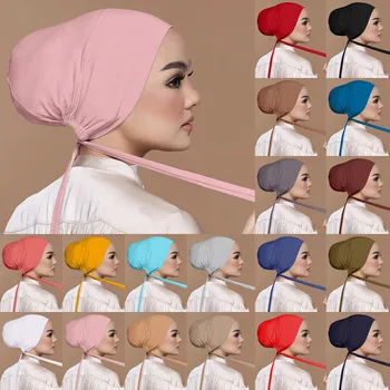 Мусульманский внутренний колпачок Хиджаб Для женщин, Однотонный шарф-подшлемник, шарф-тюрбан, шапка-тюрбан, Исламские мусульманские хиджабы, готовые к ношению головные уборы