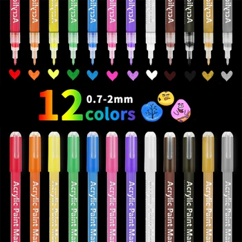 Набор акриловых красок и маркеров 12 цветов, Художественный маркер на водной основе, ручка с тонким наконечником 0,7-2 мм для поделок, холст, Стеклянная бумага, Металлические граффити