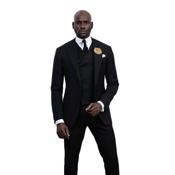 Новейшие мужские черные костюмы с лацканами, сшитые на заказ на одной пуговице, модная официальная одежда, блейзер, 3 предмета, приталенный (куртка + жилет + брюки)
