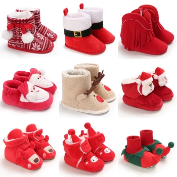 Новогодняя Рождественская обувь для новорожденных Мальчиков и девочек, первые ходунки для малышей, мягкая подошва, детские балетки, Теплые Зимние ботинки 0-18 месяцев