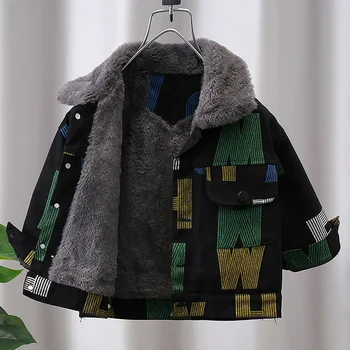 Новое детское Джинсовое Плюшевое пальто, Модная зимняя куртка с надписью Для мальчиков от 2 до 11 лет