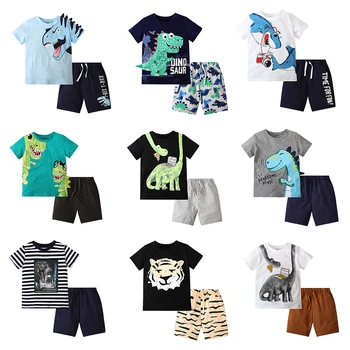 Новые комплекты детской одежды Летний хлопковый комплект одежды для мальчиков Милый мультяшный динозавр Акула Тигр Детская футболка с коротким рукавом + шорты 2шт