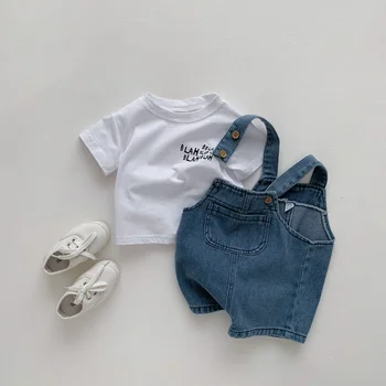 Новый летний комплект детской одежды для малышей, одежда для девочек, детская футболка и джинсовый комбинезон для мальчиков.